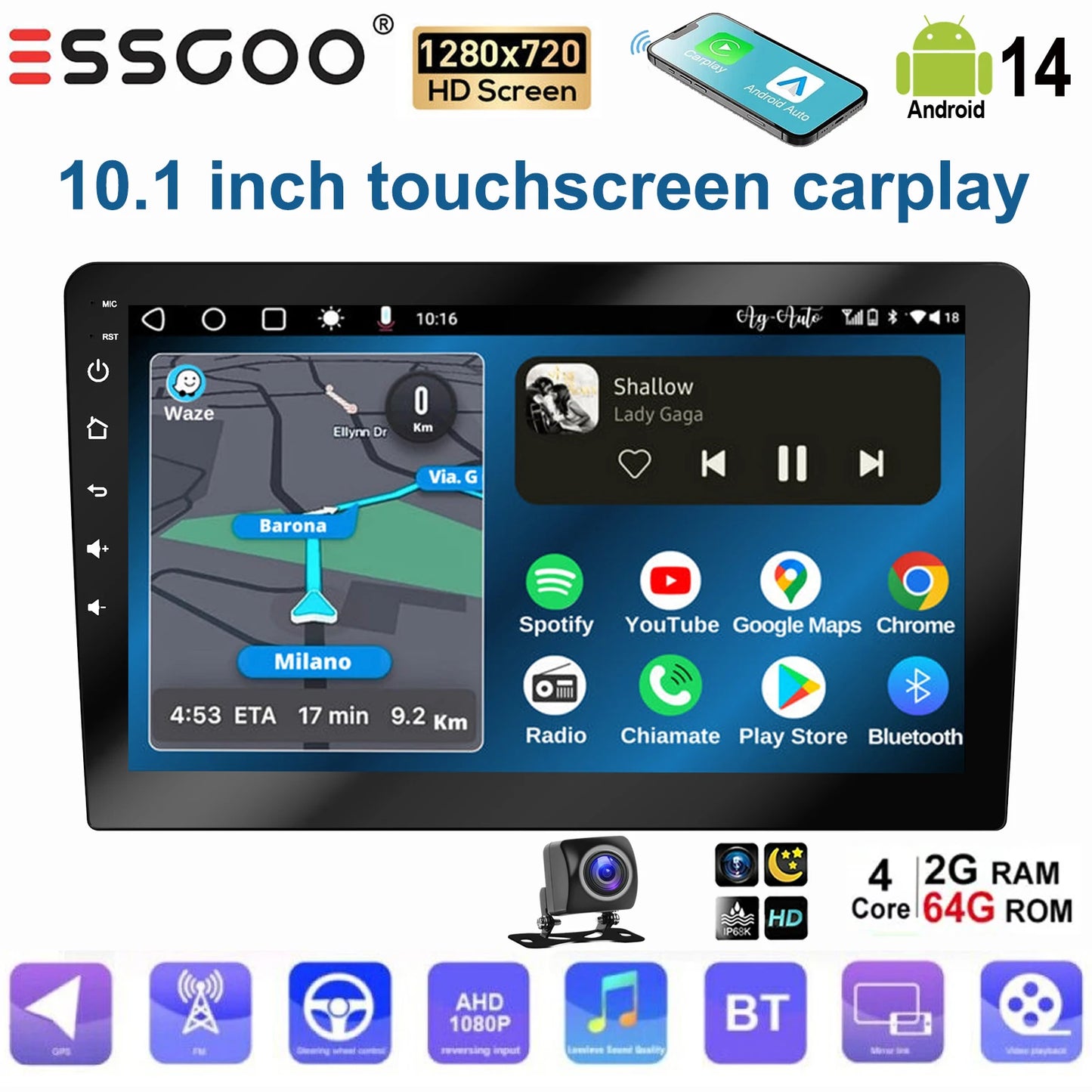 ESSGOO Écran Tactile 10.1 Pouces 2 DIN 2+64GB/4+64GB Autoradio Android 14 Carplay Sans Fil Android Auto GPS Navigation WiFi FM RDS Entrée Caméra Arrière Contrôle du Volant Mirror Link Bluetooth Écran Divisé USB