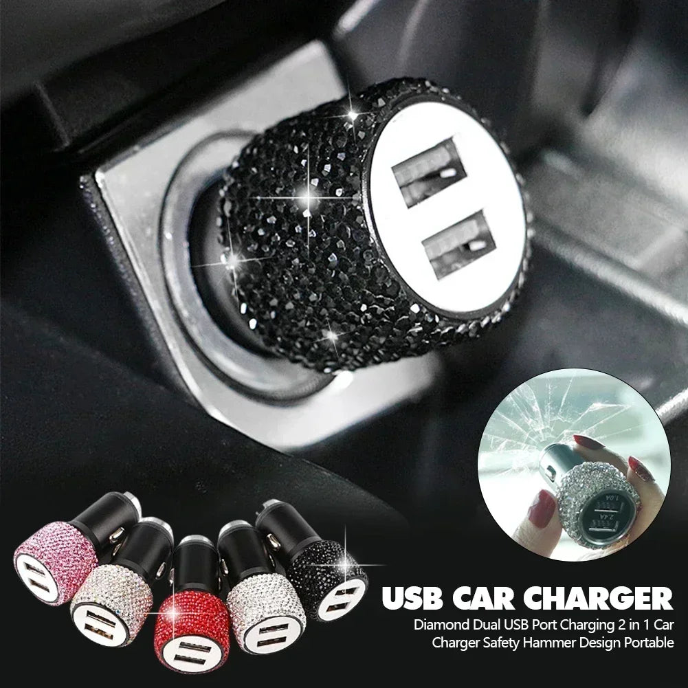 Chargeur de voiture USB rose cristal diamant 5V 2,1 a, double Port, adaptateur de charge rapide, câble 3 en 1 pour IPhone Samsung Huawei