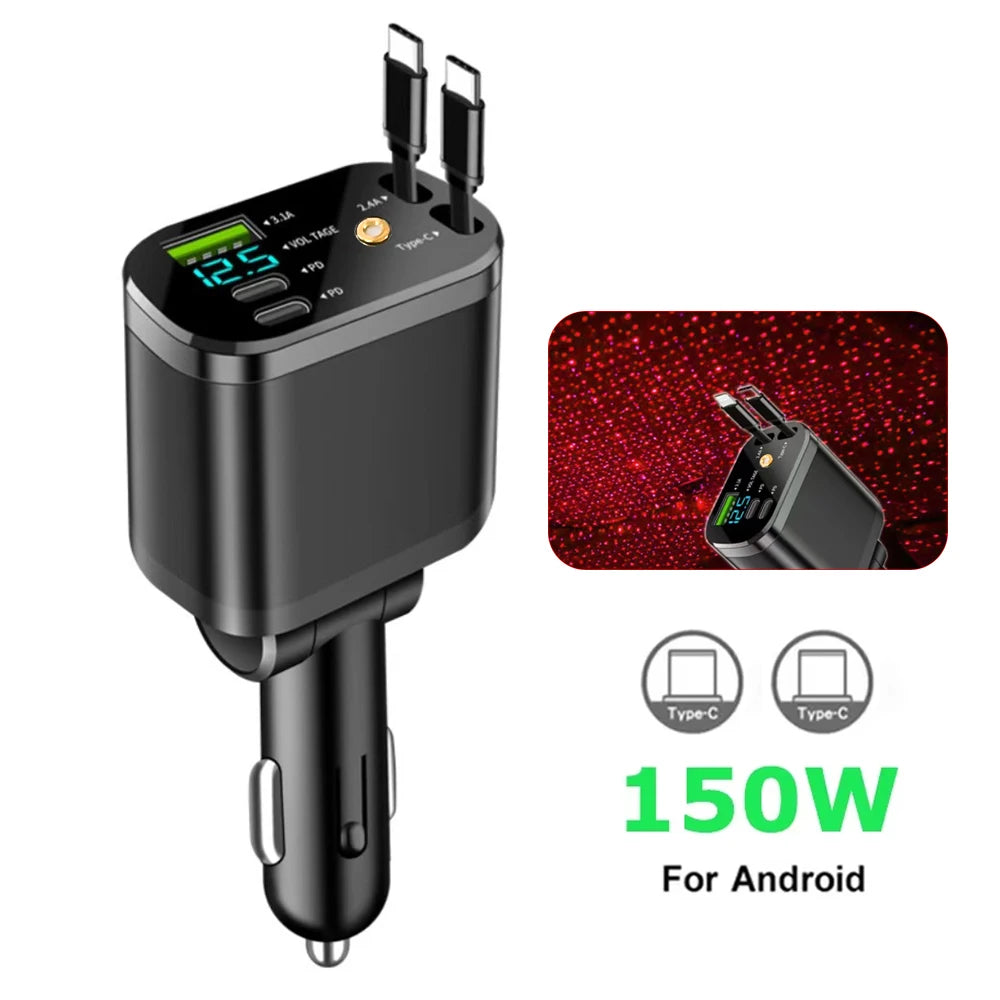 Chargeur de voiture 5 en 1 150W, affichage de la tension PD30W, charge Super rapide 22.5W avec câble rétractable pour IPhone Xiaomi Samsung