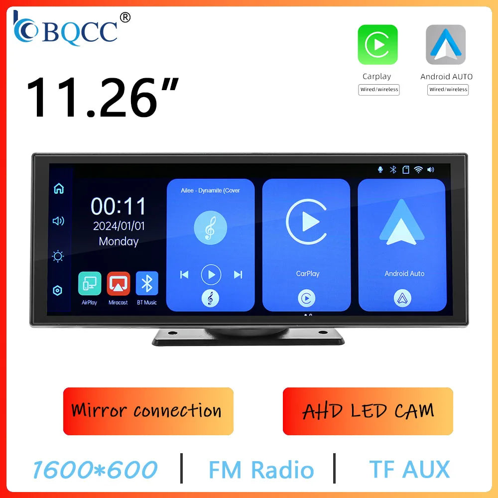 BQCC 11.26 pouces HD écran tactile pour support de voiture Portable universel sans fil Carplay Android Auto miroir BT TF lecteur de voiture