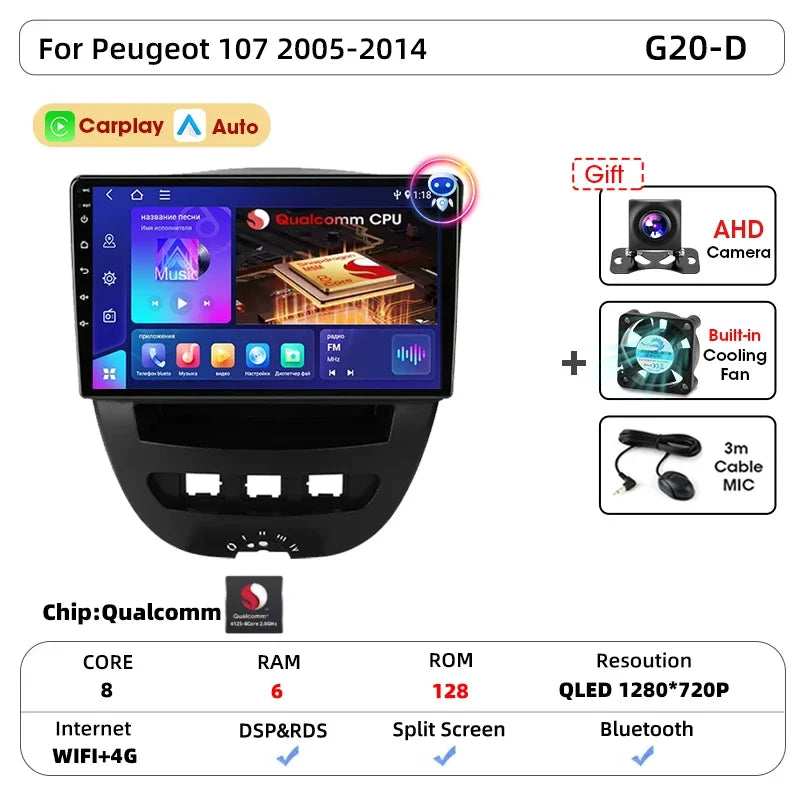 Srnubi autoradio pour Peugeot 107 Toyota Aygo citroën C1 2005-2014 sans fil Carplay Android Auto lecteur multimédia de voiture 2 Din