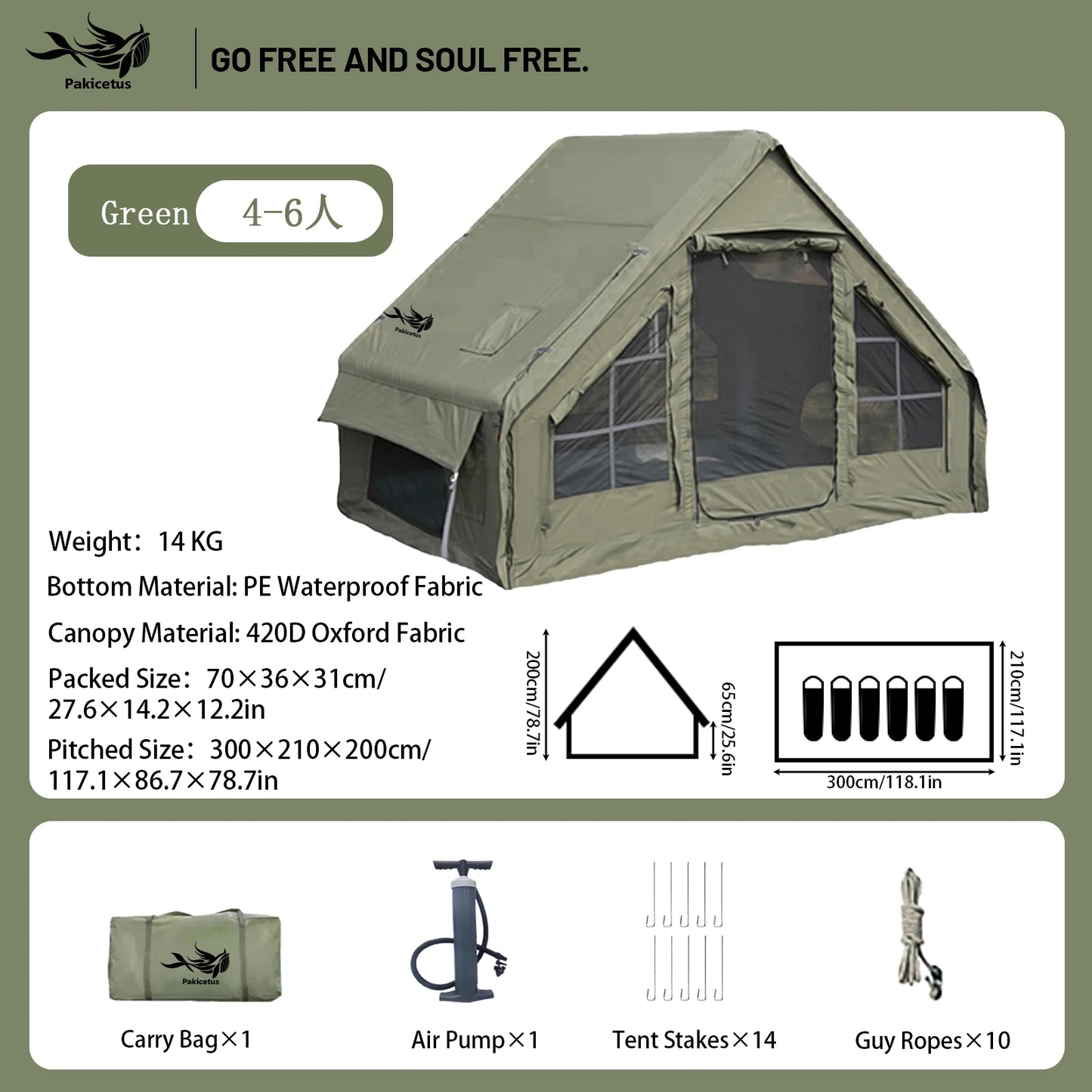 Tente de camping gonflable PAKICETUS pour 4 à 8 personnes avec fenêtres, tente de camping portable résistante à l'eau