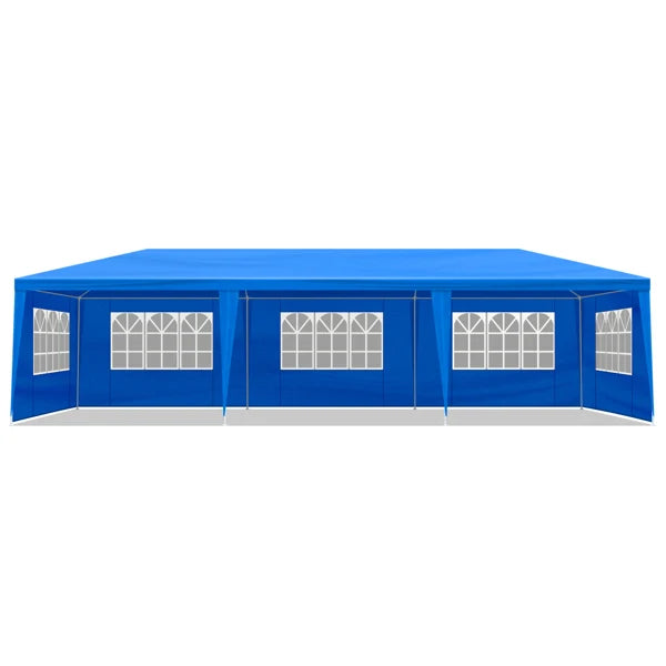 Tente de réception extérieure bleue 10x30 pieds (900x300 cm) en tissu PE imperméable avec structure en acier et 8 parois latérales amovibles avec fenêtres, capacité 50 personnes