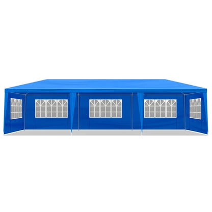 Tente de réception extérieure bleue 10x30 pieds (900x300 cm) en tissu PE imperméable avec structure en acier et 8 parois latérales amovibles avec fenêtres, capacité 50 personnes