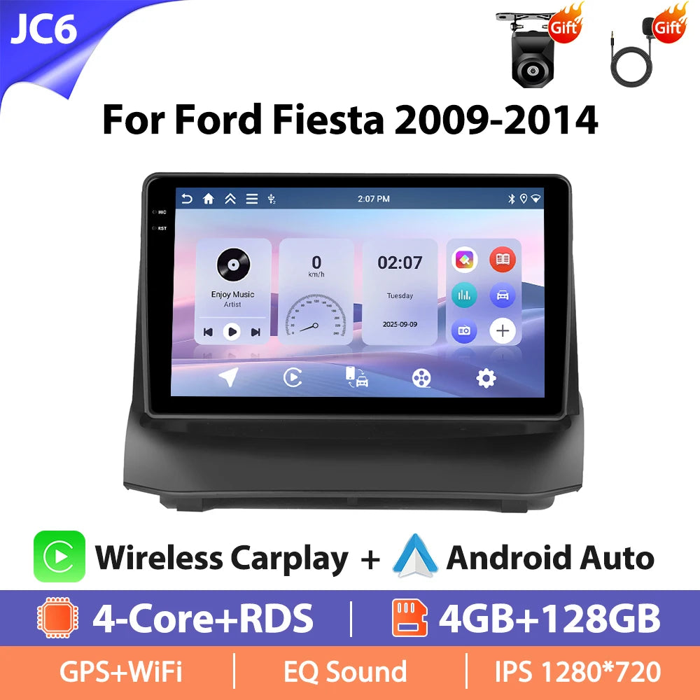 Autoradio Hikity 9 pouces 4G pour Ford Fiesta 2009-2014, lecteur multimédia vidéo, Carplay, Android Auto, 8 cœurs, WIFI, 4G, GPS, Mirrorlink, BT