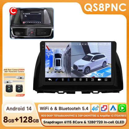 Snapdragon 8Core Android 14 autoradio pour Mazda CX5 CX-5 2012-2015 lecteur multimédia 6115 360 Cam Autoaradio Carpay Android Auto
