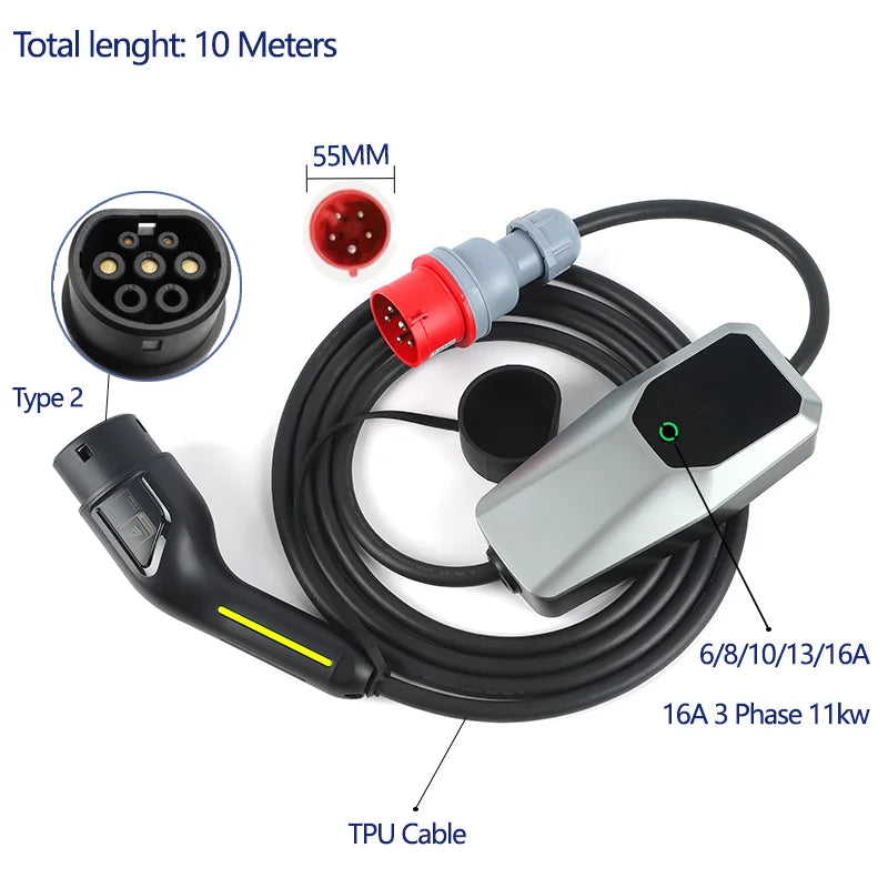 Chargeur EV Type 2 Type 1, boîtier de chargement pour voiture électrique 6A-16A, 10 mètres, 4 mètres, 1 phase, 3 phases, câble de chargement EVSE Mode 2