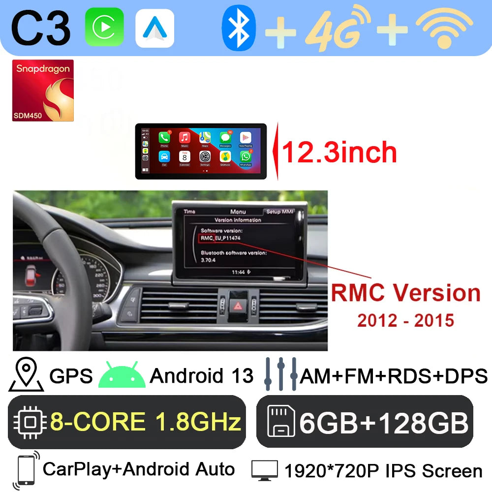 Android 13 sans fil Carplay 12.3 pouces pour Audi A6 C7 A7 2012-2018 autoradio multimédia Android Auto GPS 4G LTE DSP stéréo WiFi