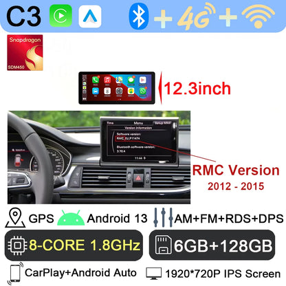 Android 13 sans fil Carplay 12.3 pouces pour Audi A6 C7 A7 2012-2018 autoradio multimédia Android Auto GPS 4G LTE DSP stéréo WiFi