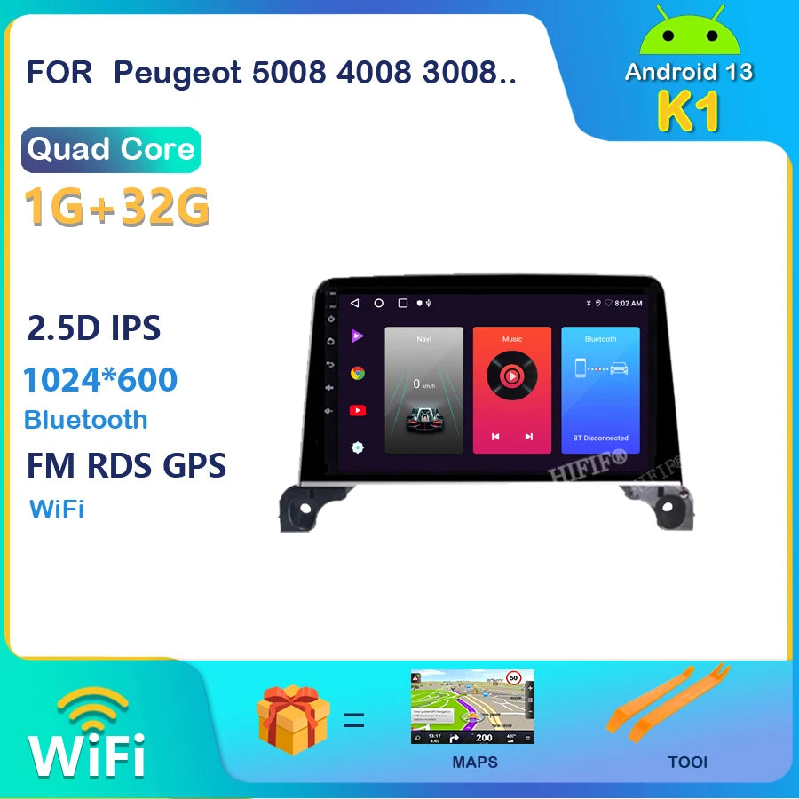 Autoradio Android, WIFI, FM, GPS, Stéréo, 2 DIN, Unité Centrale avec Cadre, pour Voiture KIT 5008, 4008, 3008, 2017, 2018, 2019, 2020