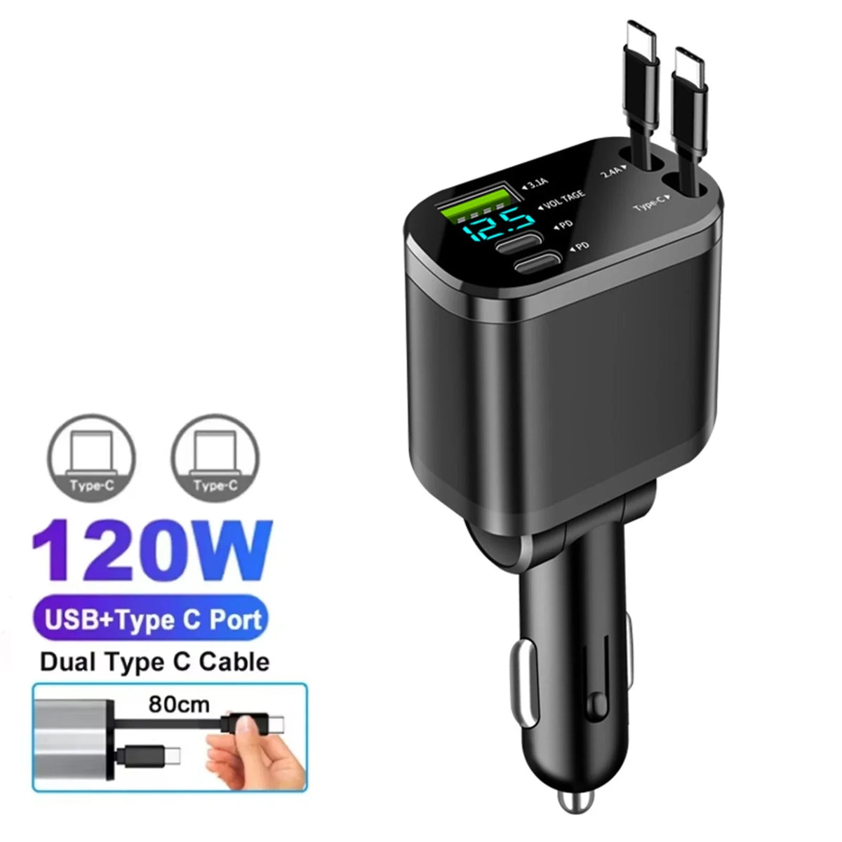 Chargeur de voiture rétractable 120W 4/5 en 1, câble USB C pour IPhone Huawei Samsung, cordon de Charge rapide, adaptateur allume-cigare PD QC3.0