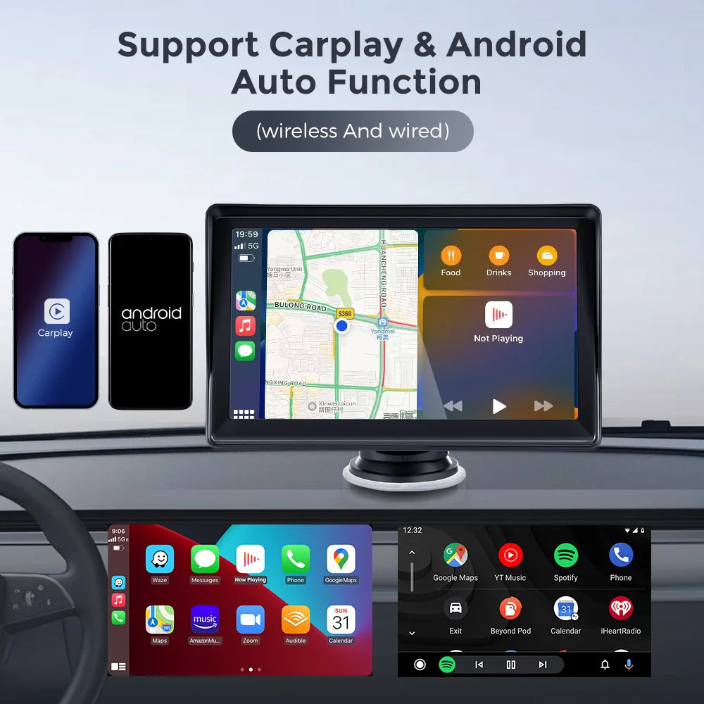 Autoradio sans fil portable avec caméra de recul FM, lecteur vidéo, Android Auto, écran tactile universel, limitation, 7