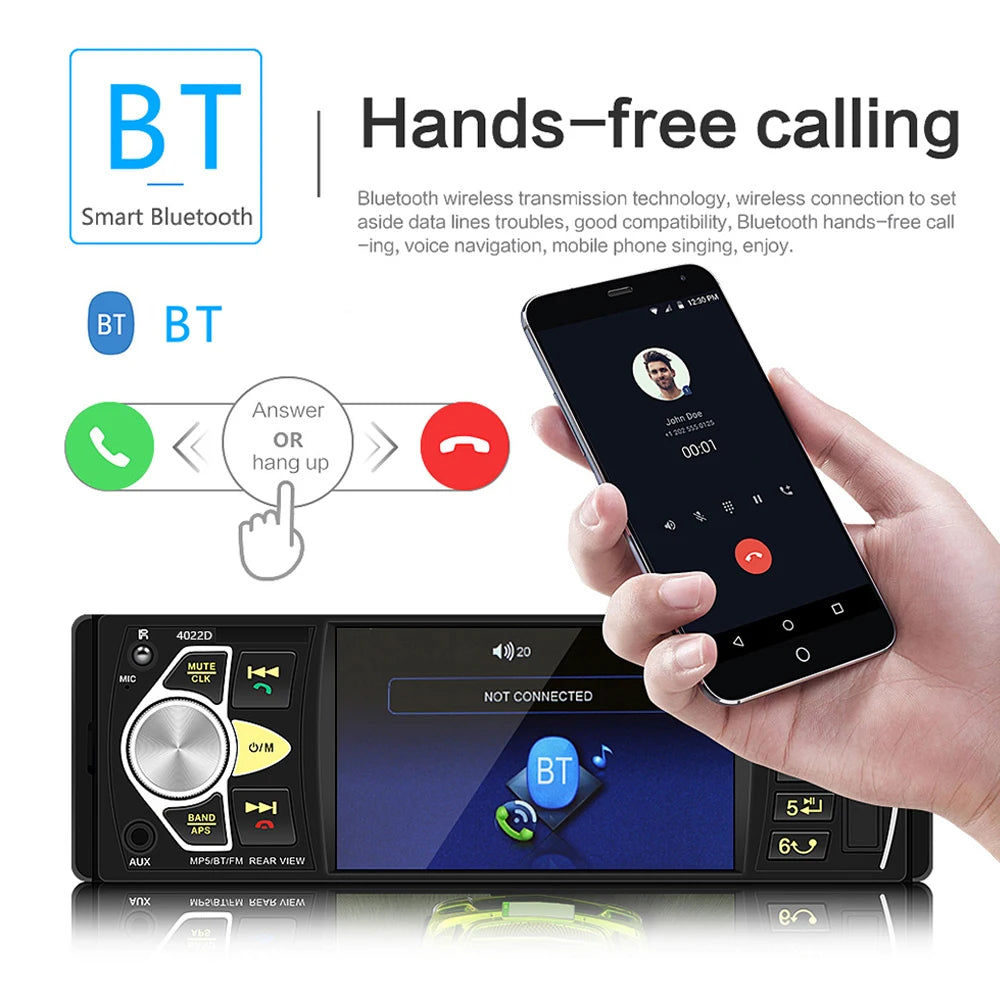 Podofo Autoradio 1 Din MP3 4.1 pouces FM Audio stéréo lecteur Bluetooth Autoradio Support caméra de recul volant Contral