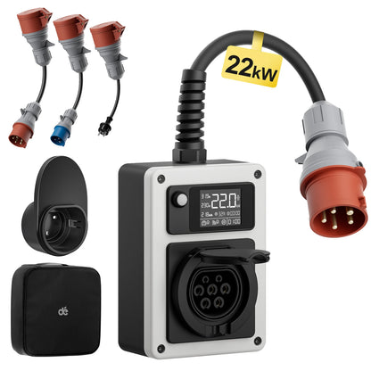 dé 22kW Wallbox mobile pour véhicule électrique, prise rouge CEE vers prise de type 2, station de charge pour véhicule électrique triphasé, 32A
