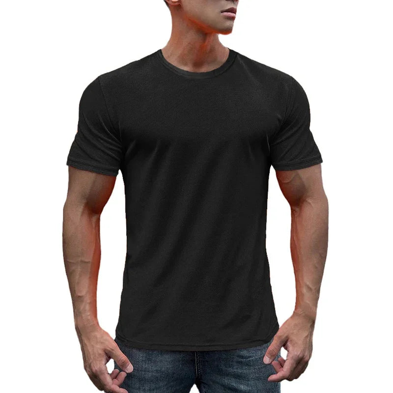 T-shirt en maille à manches courtes pour hommes, séchage rapide, uni, respirant, course à pied, gym, fitness, vêtements de sport, entraînement en Y, été