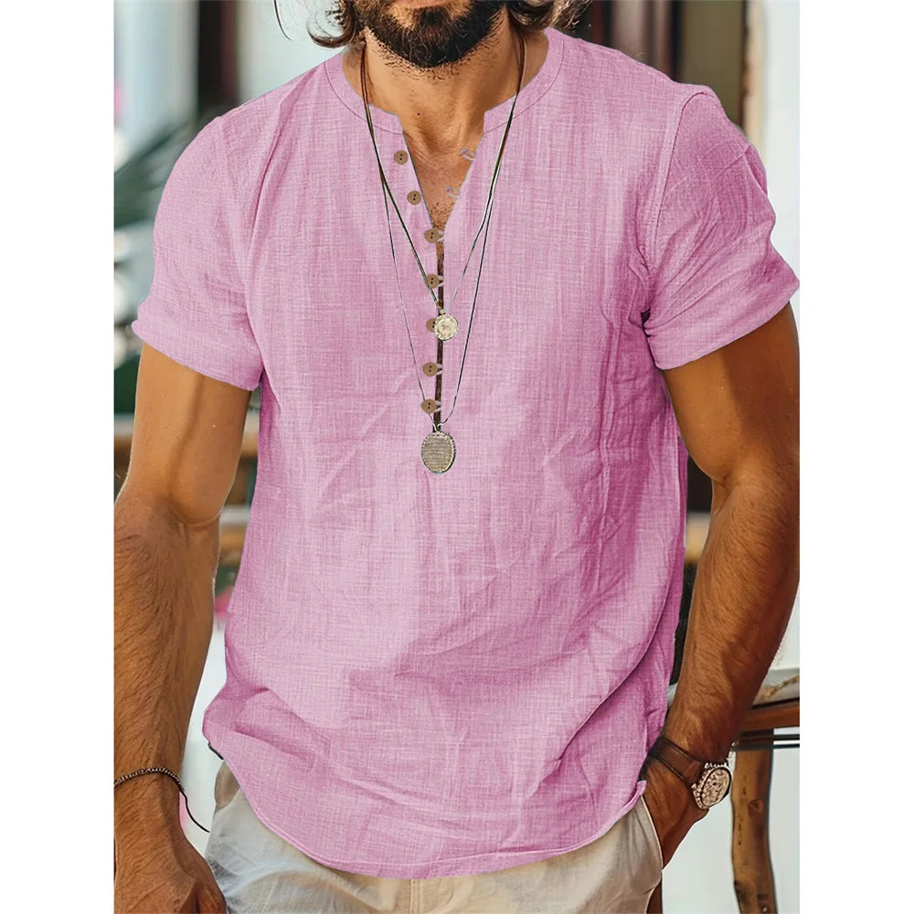 T-shirt manches courtes homme coton lin décontracté couleur unie demi bouton col rond respirant t-shirts d'été homme haut confortable