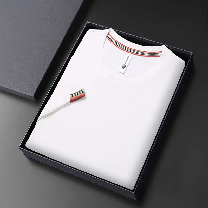 T-shirt à Manches Courtes pour Homme, Col Rond, Solide, avec Poignets Brodés, à la Mode, Confortable, Respirant et artificiel astique