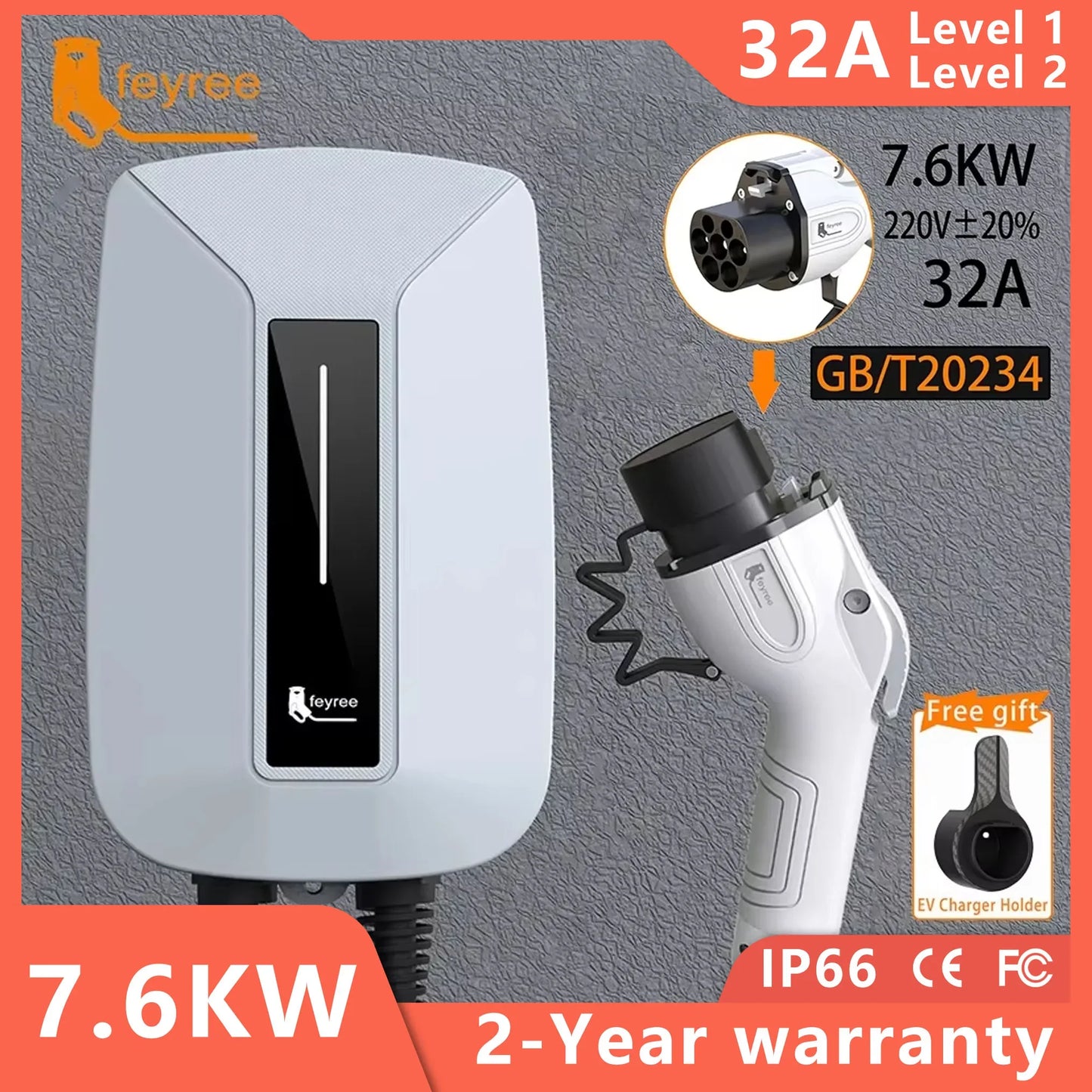 Feyree EVSE Wallbox 32A 7KW شاحن سيارة كهربائية نوع 2 مقبس IEC62196-2 أحادي الطور كابل بطول 5 متر محطة شحن جدارية للسيارات الكهربائية