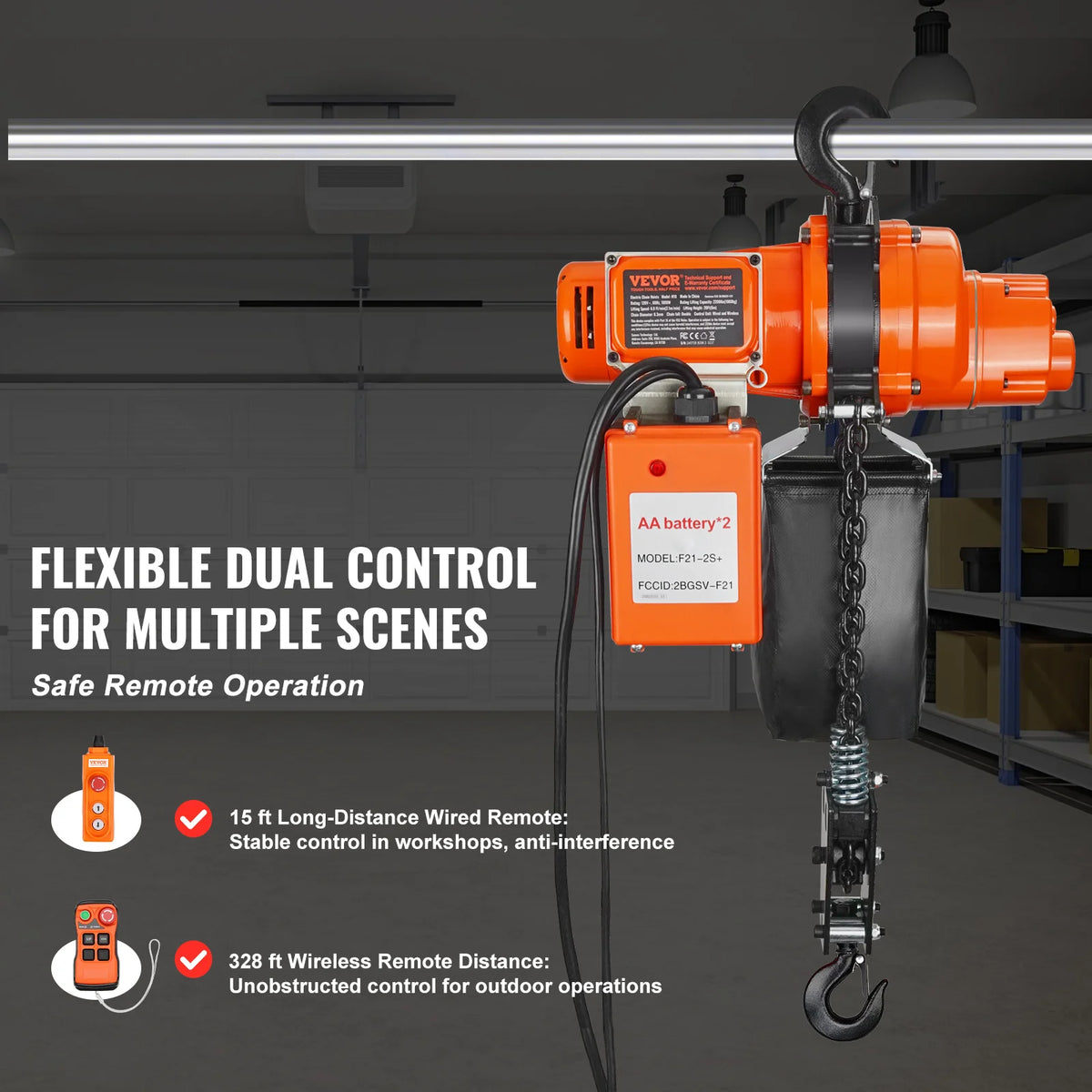 VEVOR Palan électrique à chaîne, 998 kg, grue monophasé avec chaîne, 1000 W, hauteur de levage max 6 m, télécommande sans fil de 100 m et télécommande filaire de 4,5 m pour garage, atelier et maison