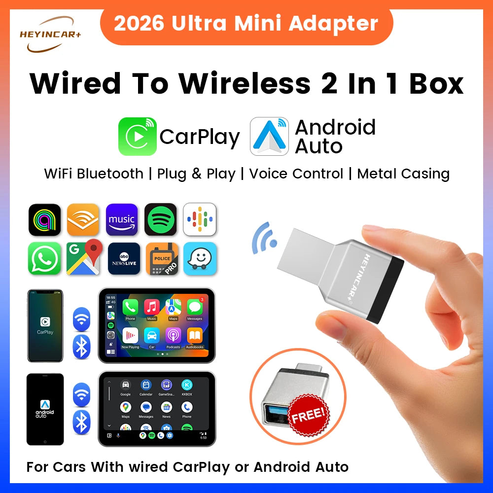 2026 nouveau HEYINCAR 2in1 sans fil Carplay Android Auto adaptateur Plug And Play 5.8GHZ WIFI connexion rapide pour 99% voitures Carplay filaires