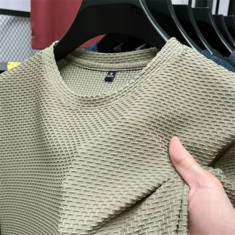 T-shirt d'été en maille et soie glacée pour hommes, manches courtes, col rond, demi-manches, fin, couleur unie, 2023