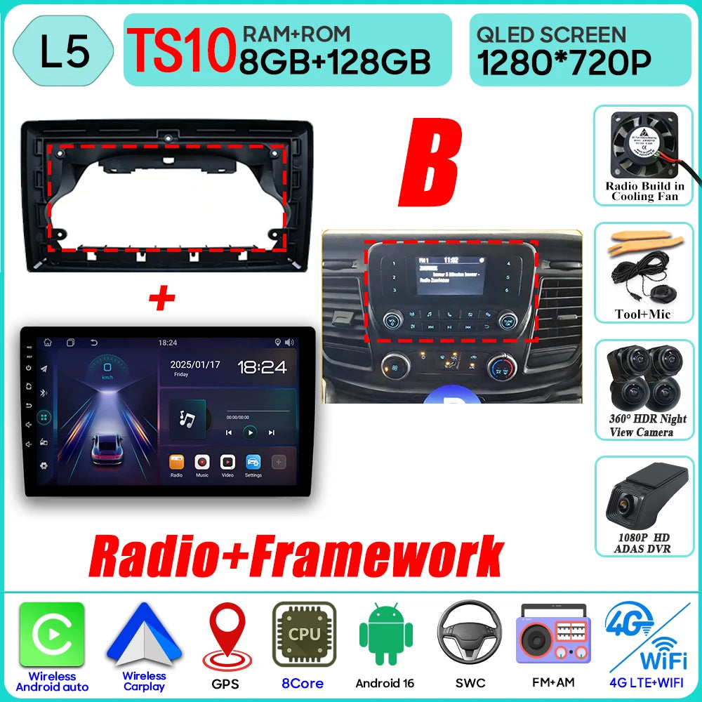 Autoradio Android 16 pour Ford Transit personnalisé Transit V363 350 lecteur multimédia Carplay Navigation GPS 4G Wifi vidéo stéréo 2din