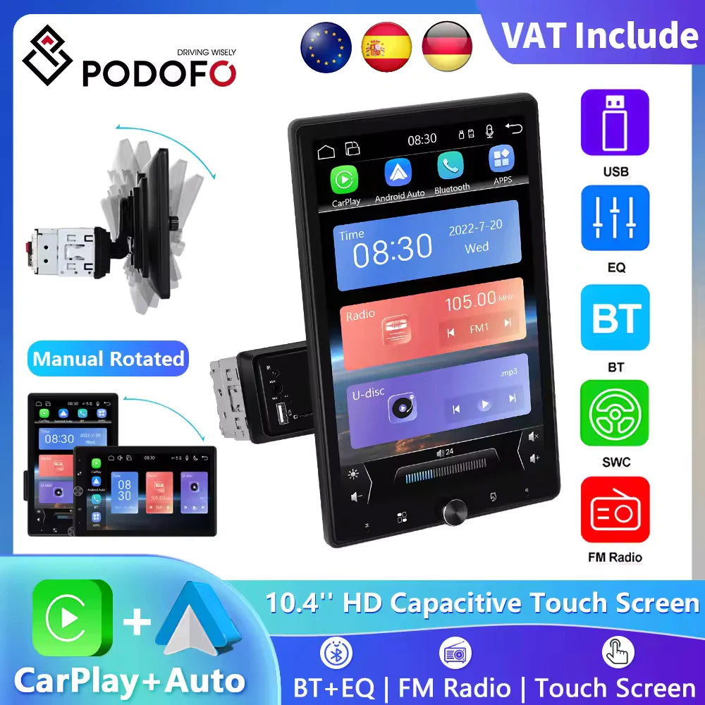 Podofo 10.4 ''HD 1Din lecteur MP5 Carplay Android Auto lecteur multimédia voiture stéréo miroir lien Bluetooth voiture Audio Bluetooth FM