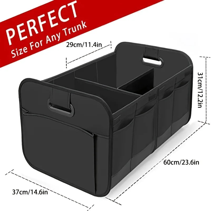 Organisateur de coffre de voiture pliable Oxford 600D avec poignées renforcées et multi-compartiments. Convient à toutes les voitures, SUV, fourgonnettes.