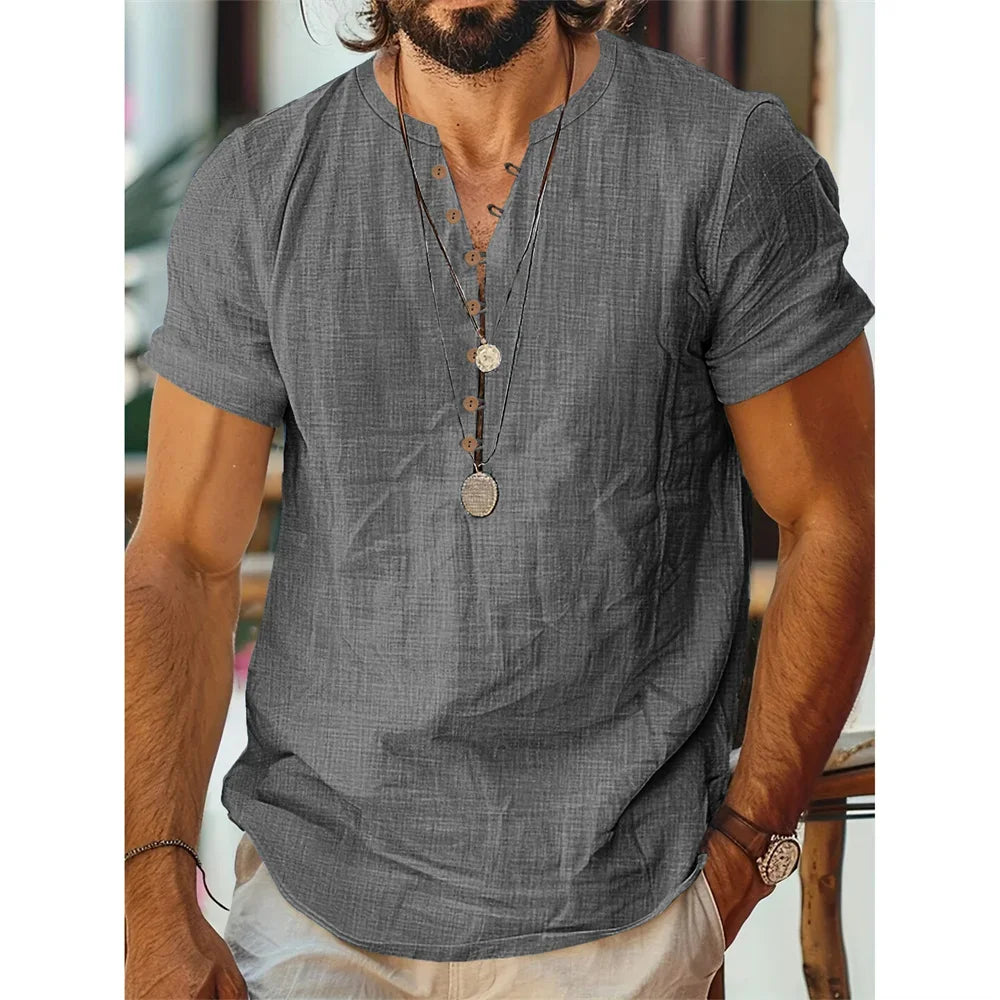 T-shirt manches courtes homme coton lin décontracté couleur unie demi bouton col rond respirant t-shirts d'été homme haut confortable