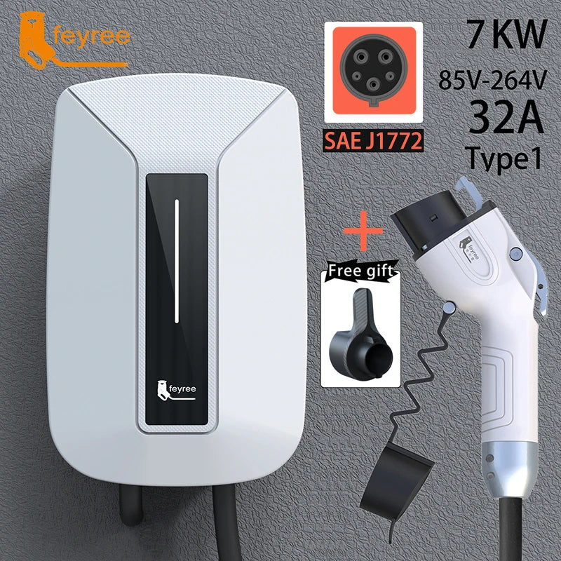Feyree EVSE Wallbox 32A 7KW شاحن سيارة كهربائية نوع 2 مقبس IEC62196-2 أحادي الطور كابل بطول 5 متر محطة شحن جدارية للسيارات الكهربائية