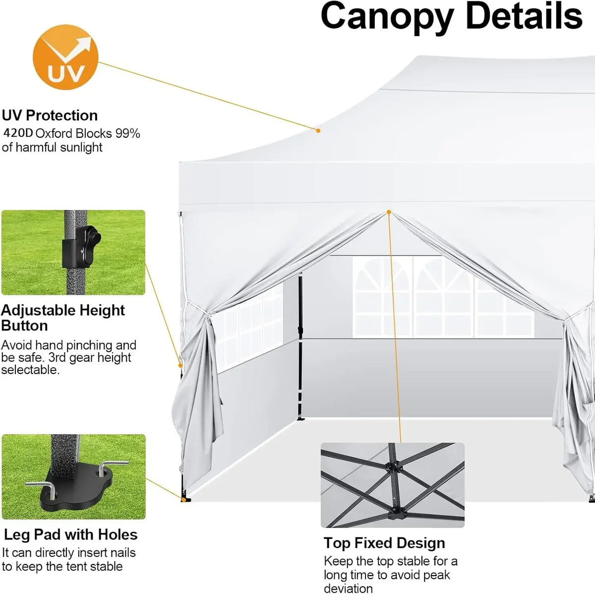 Tente Pop-Up 10x20 pieds avec 6 parois latérales, sac de transport, roulettes, blanche, imperméable, robuste, pour événements commerciaux, fêtes en extérieur, jardin, gazebo