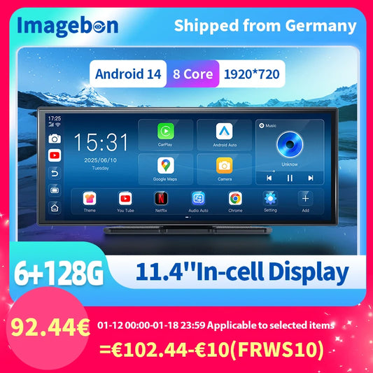 Imagebon W70 11.4 "8 Core Android 14 6 + 128G CarPlay et Android Auto Dash Cam GPS WiFi Google Play Youtube Netflix OTA mise à niveau DVR