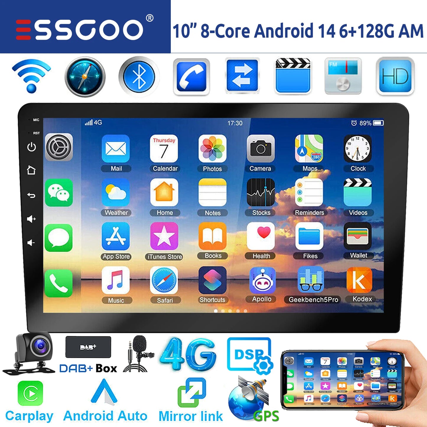 ESSGOO 7"/9"/10“ 2 DIN Android 14 8-Core 6+128G Autoradio Sans Fil Apple Carplay Android Auto GPS Navigation Bluetooth AM FM RDS WIFI Écran Tactile QLED 4G LTE USB Mirror Link Equalizer Commande au Volant