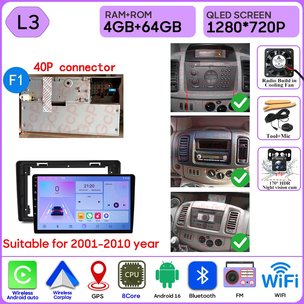 Autoradio Android 16 pour Renault Trafic 2 pour Opel Vivaro A pour Nissan primastar 2001 - 2014 GPS Navigation Carplay Android Auto