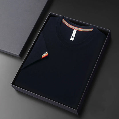 T-shirt à Manches Courtes pour Homme, Col Rond, Solide, avec Poignets Brodés, à la Mode, Confortable, Respirant et artificiel astique