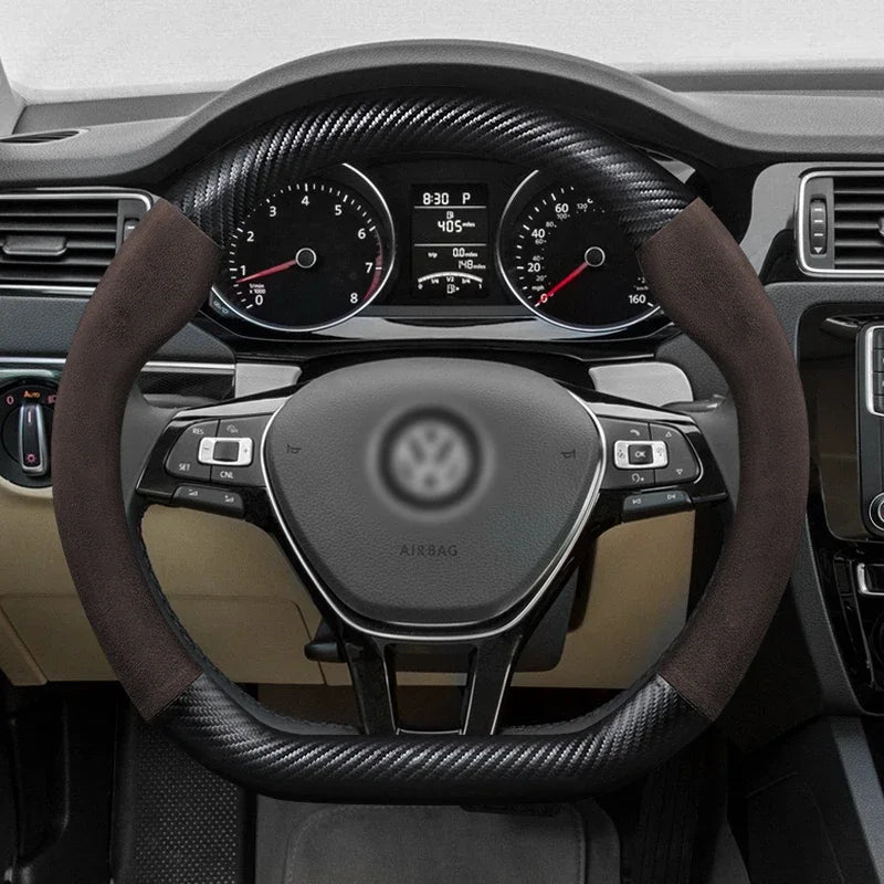 Juste de volant en cuir véritable pour Volkswagen, fibre de carbone, compatible avec VW CC Polo Bora Golf Jetta Lavida Lamando Magotan Passat