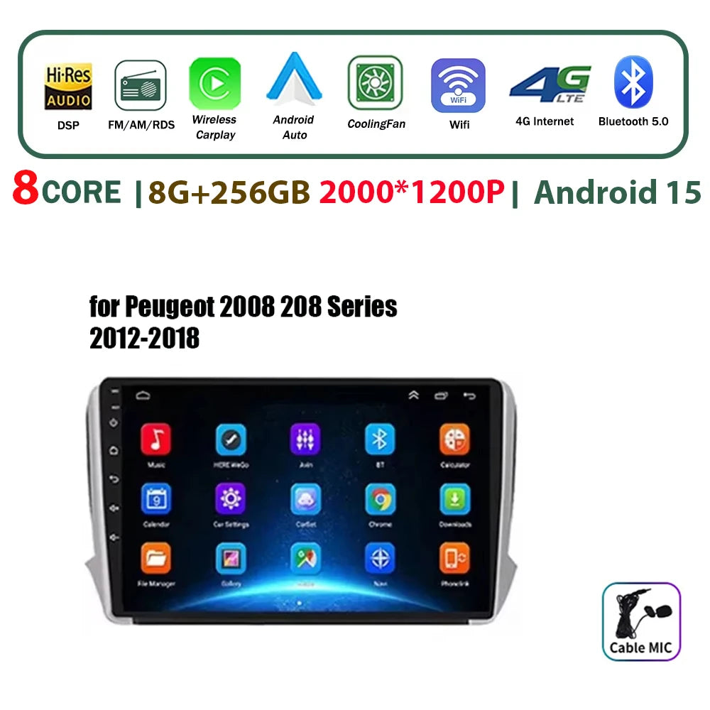 Autoradio multimédia Android 16 pour Peugeot 2008 208 Série 2012-2018 Lecteur Navigation GPS CarPlay sans fil Radio DVD Unité principale