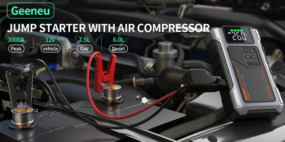 Démarreur de saut de voiture Portable avec compresseur d'air, pointe 3000A (gaz 7,5 L, 6,5 L Diesel), batterie de démarreur de saut avec pneu 150 PSl Inf