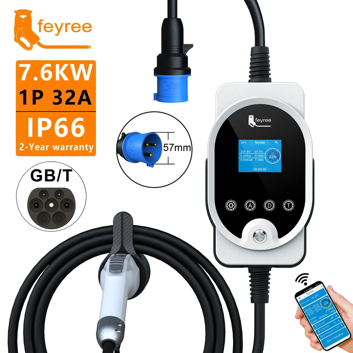 Fey123-Boîtier de charge pour véhicule électrique, prise EV, 7KW, 32A, réglable, version Bluetooth, ensemble de temps de charge, EVSE
