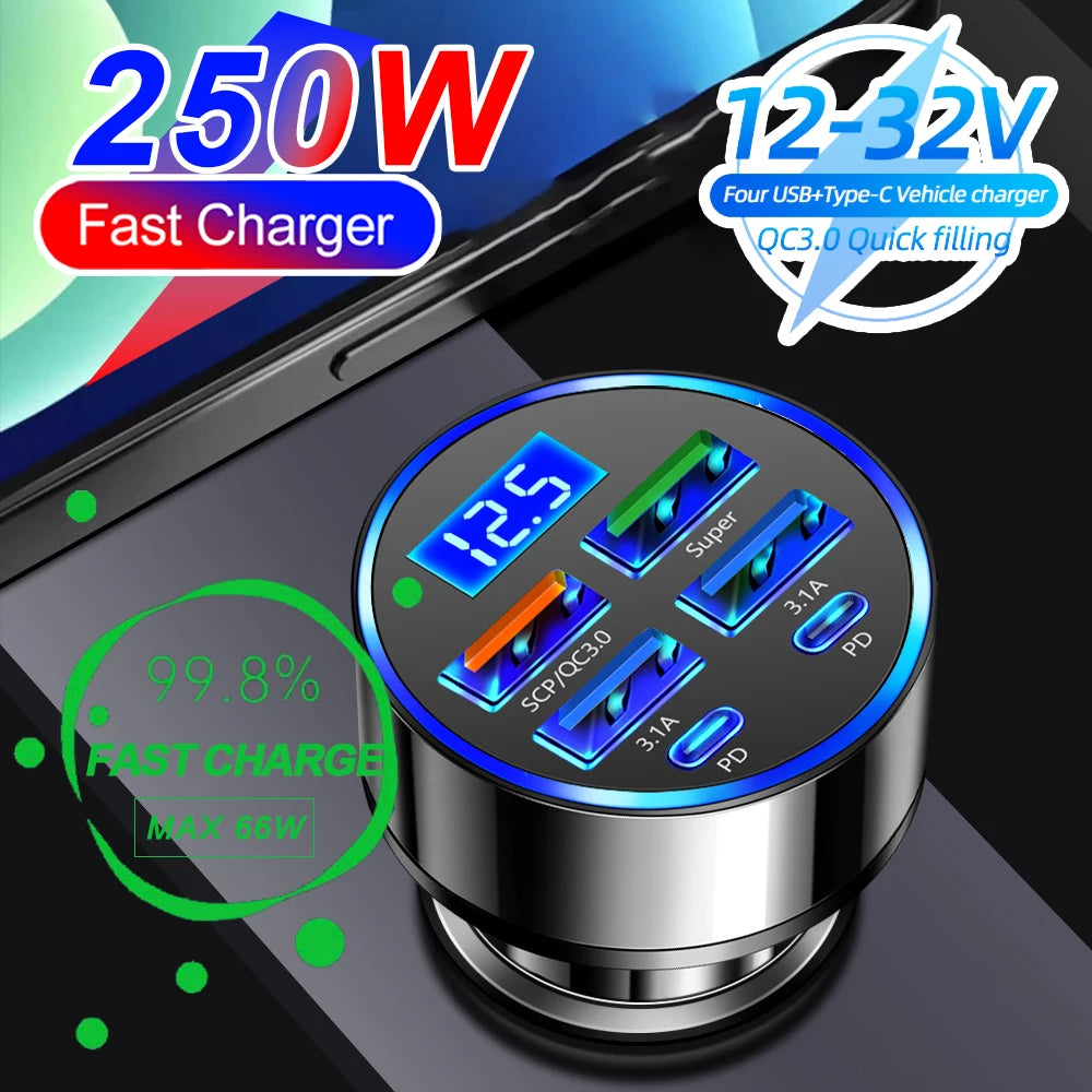 Chargeur de voiture à charge rapide, 66-250W, PD, QC3.0, une à six voitures, prise allume-cigare Laguna, charge flash avec affichage numérique
