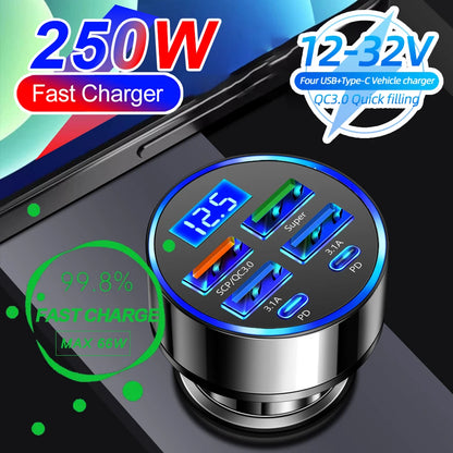 Chargeur de voiture à charge rapide, 66-250W, PD, QC3.0, une à six voitures, prise allume-cigare Laguna, charge flash avec affichage numérique