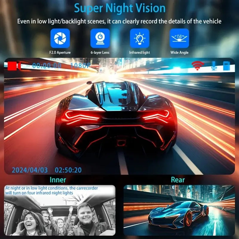 Caméra de Tableau de Bord pour Voiture, Enregistreur Vidéo 1080P, WIFI, DVR, dashcam voiture，dashcam voiture ，camera voiture，camera voitures Vue Avant et Arrière, Vision Nocturne, Boîte Noire, Accessoires, 3 Caméra