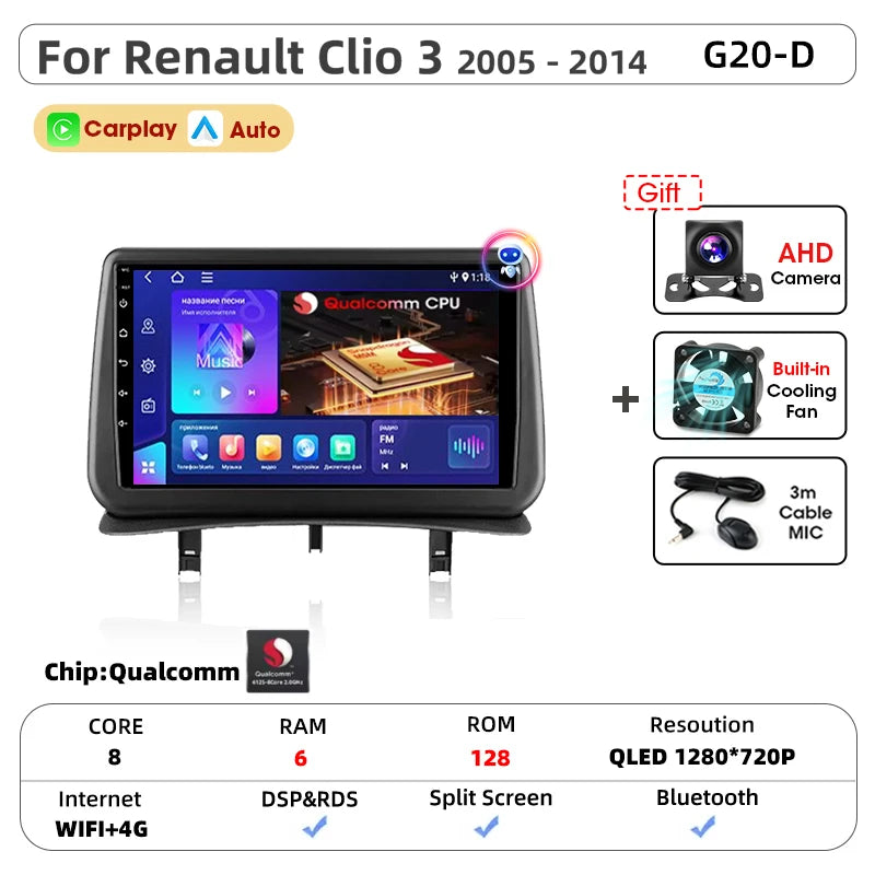 Srnubi CarPlay autoradio lecteur multimédia pour Renault Clio 3 2005 2006 2007 2008 2009 2010-2014 Android Auto GPS 2din autoradio