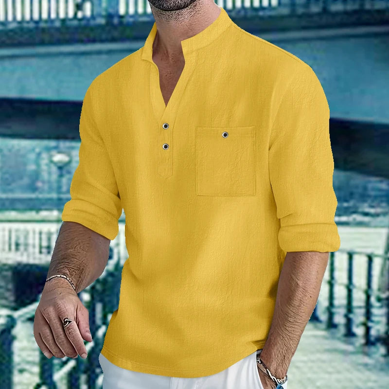 Chemises légères pour hommes, manches longues, en coton et lin, Henley, pour la plage, hawaïen, col en v, polo respirant