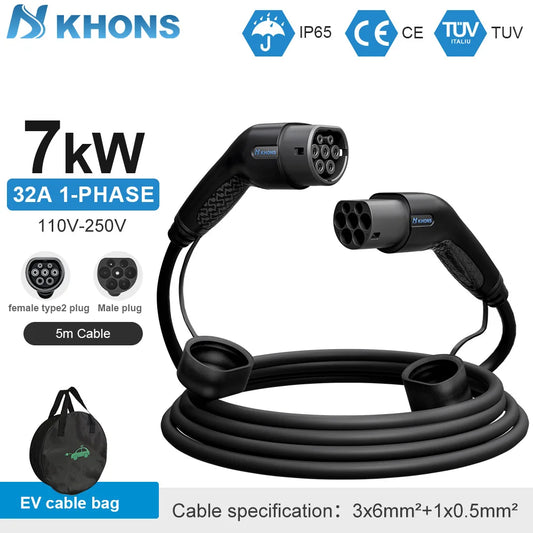 Khons 7KW câble de chargement EV 32A Type2 à Type2 IEC62196-2 prise femelle à mâle pour les Stations de charge EVES 5M TPU IP65