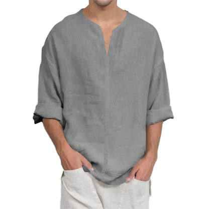 T-shirt à manches longues et col en v pour hommes, en coton et lin, décontracté, couleur unie, léger, respirant, confortable, à la mode