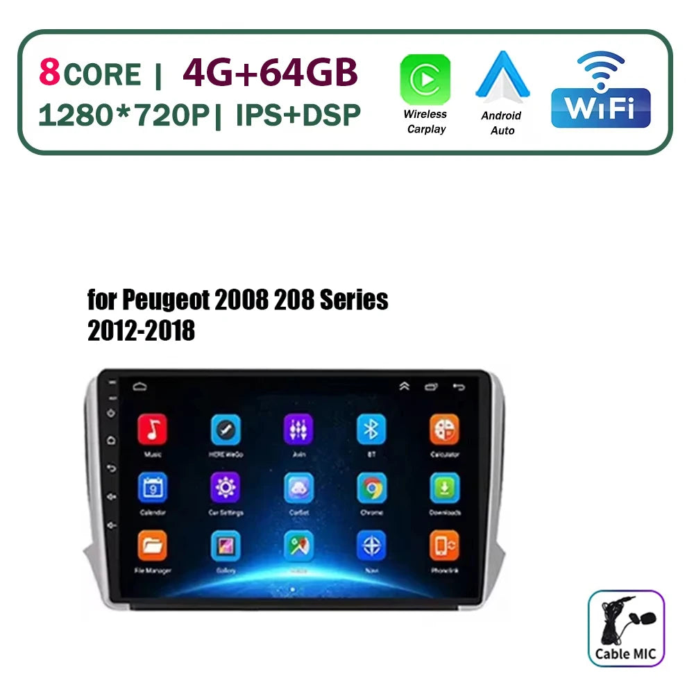 Autoradio multimédia Android 16 pour Peugeot 2008 208 Série 2012-2018 Lecteur Navigation GPS CarPlay sans fil Radio DVD Unité principale
