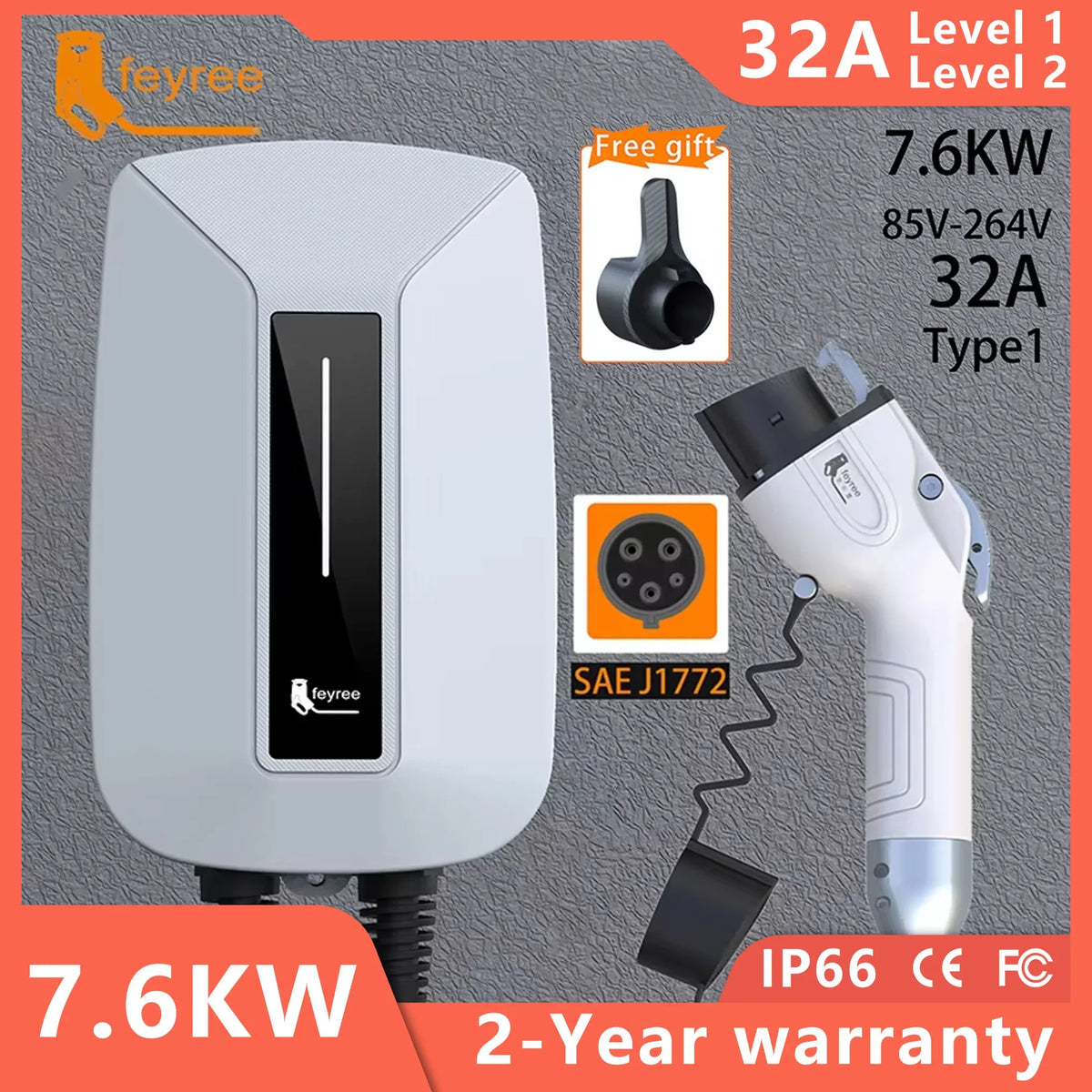 Feyree EVSE Wallbox 32A 7KW شاحن سيارة كهربائية نوع 2 مقبس IEC62196-2 أحادي الطور كابل بطول 5 متر محطة شحن جدارية للسيارات الكهربائية
