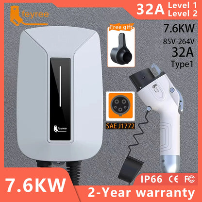 Feyree EVSE Wallbox 32A 7KW شاحن سيارة كهربائية نوع 2 مقبس IEC62196-2 أحادي الطور كابل بطول 5 متر محطة شحن جدارية للسيارات الكهربائية