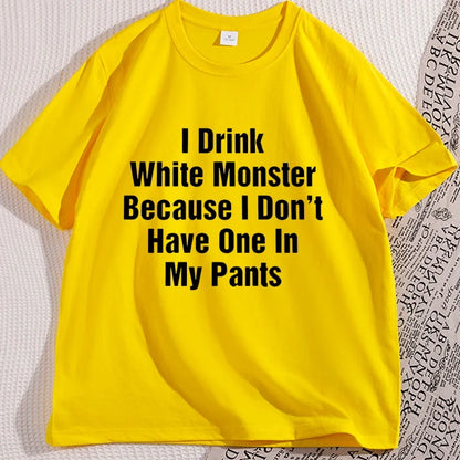 تي شيرت رجالي "I Drink White Monster" ملابس قطنية بأكمام قصيرة تي شيرت مضحك رسومات ملابس الشارع قطن ملابس كبيرة الحجم
